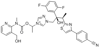 structure of CAS# 2761502-58-1, Isavuconazole Impurity 36;1-((2R,3R)-3-(4-(4-cyanophenyl)thiazol-2-yl)-2-(2,5-difluorophenyl)-2-hydroxybutyl)-4-(1-(((3-(hydroxymethyl)pyridin-2-yl)(methyl)carbamoyl)oxy)ethyl)-1H-1,2,4-triazol-4-ium