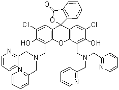 structure of CAS# 288574-78-7, 4',5'-Bis[[bis(2-pyridinylmethyl)amino]methyl]-2',7'-dichloro-3',6'-dihydroxyspiro[isobenzofuran-1(3H),9'-[9H]xanthen]-3-one;ZP 1; Zinpyr 1