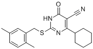 structure of CAS# 301177-43-5, ESI-08;4-Cyclohexyl-2-((2,5-dimethylbenzyl)thio)-6-oxo-1,6-dihydropyrimidine-5-carbonitrile