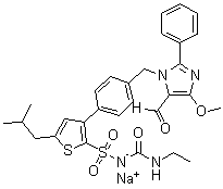 structure of CAS# 306288-04-0, N-[(Ethylamino)carbonyl]-3-[4-[(5-formyl-4-methoxy-2-phenyl-1H-imidazol-1-yl)methyl]phenyl]-5-(2-methylpropyl)-2-thiophenesulfonamide monosodium salt;GW-1100