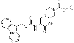 structure of CAS# 313052-20-9, (alphaS)-4-[(1,1-Dimethylethoxy)carbonyl]-alpha-[[(9H-fluoren-9-ylmethoxy)carbonyl]amino]-1-piperazinepropanoic acid