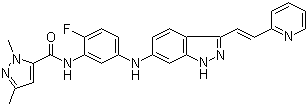 结构式 CAS# 319460-94-1, AG 13958; N-[2-氟-5-[[3-[(1E)-2-(2-吡啶基)乙烯基]-1H-吲唑-6-基]氨基]苯基]-1,3-二甲基-1H-吡唑-5-甲酰胺