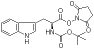 structure of CAS# 3392-11-8, Boc-L-tryptophan N-hydroxysuccinimide ester;Boc-Trp-Osu; tert-Butyl (S)-[2-[(2,5-dioxo-1-pyrrolidinyl)oxy]-1-(1H-indol-3-ylmethyl)-2-oxoethyl]carbamate