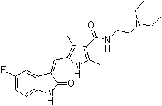 结构式 CAS# 342641-94-5, N-(2-二乙胺基乙基)-5-(5-氟-2-氧代-1,2-二氢吲哚-3-基亚甲基)-2,4-二甲基-1H-吡咯-3-甲酰胺