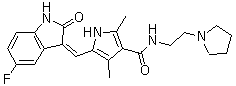 结构式 CAS# 356068-94-5, Toceranib; (Z)-5-(5-氟-2-氧代-2,3-二氢-1H-吲哚-3-亚基甲基)-2,4-二甲基-N-[2-(1-吡咯烷基)乙基]-1H-吡咯-3-甲酰胺