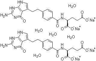 structure of CAS# 357166-30-4, Pemetrexed disodium hydrate;N-[4-[2-(2-Amino-4,7-dihydro-4-oxo-1H-pyrrolo[2,3-d]pyrimidin-5-yl)ethyl]benzoyl]-L-glutamic acid disodium salt hydrate