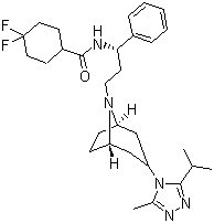 结构式 CAS# 376348-65-1, 马拉维若; 4,4-二氟-N-[(1S)-3-[(1R,5S)-3-(3-甲基-5-异丙基-1,2,4-三唑-4-基)-8-氮杂双环[3.2.1]辛烷-8-基]-1-苯基丙基]环己烷-1-甲酰胺