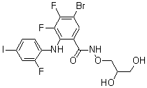 结构式 CAS# 391210-00-7, PD 318088; 5-溴-N-(2,3-二羟基丙氧基)-3,4-二氟-2-[(2-氟-4-碘苯基)氨基]苯甲酰胺