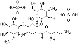 structure of CAS# 39831-55-5, Amikacin disulfate salt ;4-Amino-N-[5-amino-2-[4-amino-3,5-dihydroxy-6-(hydroxymethyl)tetrahydropyran-2-yl]oxy-4-[6-(aminomethyl)-3,4,5-trihydroxy-tetrahydropyran-2-yl]oxy-3-hydroxy-cyclohexyl]-2-hydroxy-butanamide disulfate salt