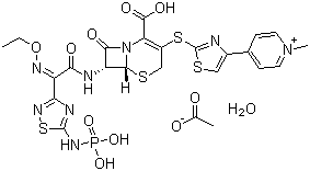 structure of CAS# 400827-55-6, 4-[2-[[(6R,7R)-2-Carboxy-7-[[(2Z)-(ethoxyimino)[5-(phosphonoamino)-1,2,4-thiadiazol-3-yl]acetyl]amino]-8-oxo-5-thia-1-azabicyclo[4.2.0]oct-2-en-3-yl]thio]-4-thiazolyl]-1-methylpyridinium acetate hydrate;Teflaro;Ceftaroline fosamil acetate;(6R,7R)-7-({(2Z)-2-(Ethoxyimino)-2-[5-(phosphonoamino)-1,2,4-thiadiazol-3-yl]acetyl}amino)-3-{[4-(1-methyl-4-pyridiniumyl)-1,3-thiazol-2-yl]sulfanyl}-8-oxo-5-thia-1-azabicyclo[4.2.0]oct-2-ene-2-carbox ylate acetate hydrate (1:1:1)