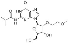 structure of CAS# 440327-50-4, N2-iso-Butyryl-2'-O-(2-methoxyethyl)guanosine;N-(9-((2R,3R,4R,5R)-4-Hydroxy-5-(hydroxymethyl)-3-(2-methoxyethoxy)tetrahydrofuran-2-yl)-6-oxo-6,9-dihydro-1H-purin-2-yl)isobutyramide