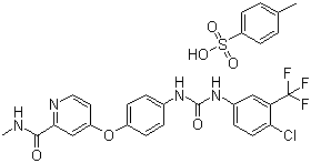 结构式 CAS# 475207-59-1, 甲苯磺酸索拉非尼; 4-{4-[3-(4-氯-3-三氟甲基苯基)酰脲]苯氧基}吡啶-2-甲酰胺对甲苯磺酸盐