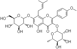 structure of CAS# 489-32-7, Icariin;Icariine; Icariln; Ieariline; Epimedium extract; Horny goat weed extract; 3-[(6-Deoxy-alpha-L-mannopyranosyl)oxy]-7-(beta-D-glucopyranosyloxy)-5-hydroxy-2-(4-methoxyphenyl)-8-(3-methyl-2-buten-1-yl)-4H-1-benzopyran-4-one