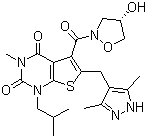 结构式 CAS# 496791-37-8, AR-C 155858; (S)-6-[(3,5-二甲基-1H-吡唑-4-基)甲基]-5-[(4-羟基异噁唑烷-2-基)羰基]-1-异丁基-3-甲基噻吩并[2,3-d]嘧啶-2,4(1H,3H)-二酮