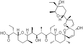 structure of CAS# 53003-10-4, Salinomycin;(2R)-2-((5S)-6-{5-[(10S,12R)-2-((6S,5R)-5-Ethyl-5-hydroxy-6-methylperhydro-2H-pyran-2-yl)-15-hydroxy-2,10,12-trimethyl-1,6,8-trioxadispiro[4.1.5.3]pentadec-13-en-9-yl](1S,2S,3S,5R)-2-hydroxy-1,3-dimethyl-4-oxoheptyl}-5-methylperhydro-2H-pyran-2-yl)butanoic acid