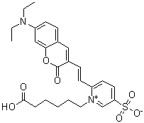 structure of CAS# 540528-00-5, Red Mega 480;1-(5-Carboxypentyl)-2-[(E)-2-(7-diethylamino-2-oxo-2H-chromen-3-yl)vinyl]-5-sulfonatopyridinium betaine; 1-(5-Carboxypentyl)-2-[(1E)-2-[7-(diethylamino)-2-oxo-2H-1-benzopyran-3-yl]ethenyl]-5-sulfopyridinium inner salt