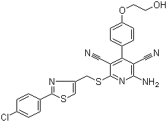 structure of CAS# 544417-40-5, Capadenoson;2-Amino-6-[[[2-(4-chlorophenyl)-4-thiazolyl]methyl]thio]-4-[4-(2-hydroxyethoxy)phenyl]-3,5-pyridinedicarbonitrile