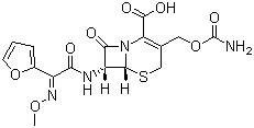 结构式 CAS# 55268-75-2, 头孢呋肟; 头孢呋辛; (6R,7R)-7-[2-呋喃基(甲氧亚氨基)乙酰氨基]-3-氨基甲酰氧甲基-8-氧代-5-硫杂-1-氮杂二环[4.2.0]辛-2-烯-2-甲酸