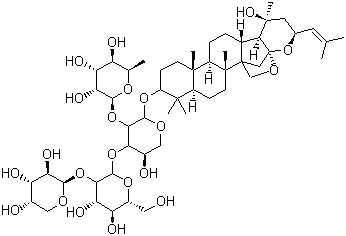 structure of CAS# 55466-05-2, Jujuboside B;O-6-Deoxy-a-L-mannopyranosyl-(1(r)2)-O-[O-b-D-xylopyranosyl-(1(r)2)-b-D-glucopyranosyl-(1(r)3)]-(3b,16b,23R)-16,23:16,30-diepoxy-20-hydroxydammar-24-en-3-yl-a-L-arabinopyranoside