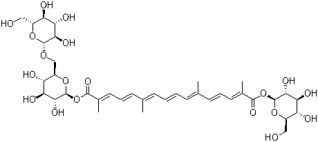 structure of CAS# 55750-84-0, Crocin II;Crocin 3; Crocin B; Tricrocin; beta-D-Glucopyranose 6-O-beta-D-glucopyranosyl-1-[(2E,4E,6E,8E,10E,12E,14E)-beta-D-glucopyranosyl 2,6,11,15-tetramethyl-2,4,6,8,10,12,14-hexadecaheptaenedioate]