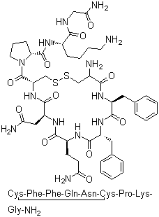 structure of CAS# 56-59-7, Felypressin;2-L-Phenylalanine-8-L-lysine-vasopressin; N-[5-Amino-1-(carbamoylmethylcarbamoyl)pentyl]-1-[19-amino-13,16-dibenzyl-10-(2-carbamoylethyl)-7-(carbamoylmethyl)-6,9,12,15,18-pentaoxo-1,2-dithia-5,8,11,14,17-pentazacycloicosane-4-carbonyl]pyrrolidine-2-carboxamide