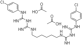 structure of CAS# 56-95-1, Chlorhexidine acetate;Chlorhexidine di(acetate); 1,6-Bis(N5-[p-chlorophenyl]-N1-biguanido)hexane; 1,1'-Hexamethylenebis(5-[p-chlorophenyl]biguanide)