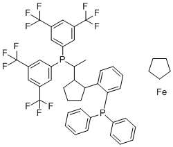 structure of CAS# 565184-33-0, (R)-1-[(R)-1-[Bis[3,5-bis(trifluoromethyl)phenyl]phosphino]ethyl]-2-[2-(diphenylphosphino)phenyl]ferrocene;Bis[3,5-bis(trifluoromethyl)phenyl]-[1-[2-(2-diphenylphosphanylphenyl)cyclopentyl]ethyl]phosphane cyclopentane iron