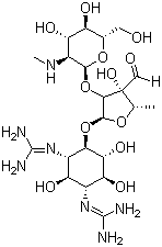 structure of CAS# 57-92-1, Streptomycin;N,N'''-[(1S,2S,3S,4R,5S,6R)-4-({5-Deoxy-2-O-[2-deoxy-2-(methylamino)-alpha-D-mannopyranosyl]-3-C-formyl-beta-D-ribofuranosyl}oxy)-2,5,6-trihydroxycyclohexane-1,3-diyl]diguanidine