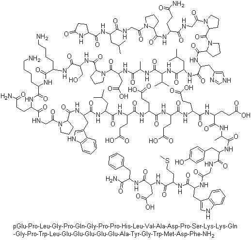 structure of CAS# 60675-77-6, Big Gastrin I Human;Human gastrin-34 I; 5-Oxo-L-prolyl-L-leucylglycyl-L-prolyl-L-glutaminylglycyl-L-prolyl-L-prolyl-L-histidyl-L-leucyl-L-valyl-L-alanyl-L-alpha-aspartyl-L-prolyl-L-seryl-L-lysyl-L-lysyl-L-glutaminylglycyl-L-prolyl-L-tryptophyl-L-leucyl-L-alpha-glutamyl-L-alpha-glutamyl-L-alpha-glutamyl-L-alpha-glutamyl-L-alpha-glutamyl-L-alanyl-L-tyrosylglycyl-L-tryptophyl-L-methionyl-L-alpha-aspartyl-L-phenylalaninamide