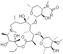 structure of CAS# 612069-28-0, 3'-N-Demethyl-3'-N-formylazithromycin;(2R,3S,4R,5R,8R,10R,11R,12S,13S,14R)-13-[(2,6-Dideoxy-3-C-methyl-3-O-methyl-alpha-L-ribo-hexopyranosyl)oxy]-2-ethyl-3,4,10-trihydroxy-3,5,6,8,10,12,14-heptamethyl-11-[[3,4,6-trideoxy-3-(formylmethylamino)-beta-D-xylo-hexopyranosyl]oxy]-1-oxa-6-azacyclopentadecan-15-one