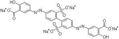 结构式 CAS# 6232-49-1, 媒介黄 26; 5,5'-[(2,2'-二磺酸[1,1'-联苯]-4,4'-二基)双(偶氮)]二水杨酸四钠盐