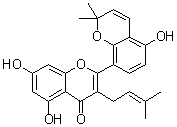 structure of CAS# 62949-77-3, Kuwanon A;5,7-Dihydroxy-2-(5-hydroxy-2,2-dimethyl-2H-1-benzopyran-8-yl)-3-(3-methyl-2-buten-1-yl)-4H-1-benzopyran-4-one