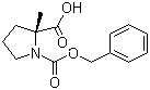 structure of CAS# 63399-74-6, Cbz-2-Methyl-D-proline;(+)-N-Carbobenzoxy-2-methyl-D-proline; (2R)-2-Methyl-1,2-pyrrolidinedicarboxylic acid 1-(phenylmethyl) ester; (R)-1-(Benzyloxycarbonyl)-2-methylpyrrolidine-2-carboxylic acid