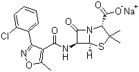 structure of CAS# 642-78-4, Sodium cloxacillin ;Cloxacillin sodium salt; (2S,5R,6R)-6-[[[3-(2-Chlorophenyl)-5-methyl-4-isoxazolyl]carbonyl]amino]-3,3-dimethyl-7-oxo-4-thia-1-azabicyclo[3.2.0]heptane-2-carboxylic acid monosodium salt