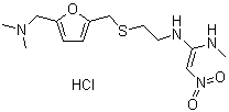structure of CAS# 66357-59-3, Noctone;N-[2-[[5-[(dimethylamino)methyl]furfuryl]thio]ethyl]-N'-methyl-2-nitrovinylidenediamine hydrochloride