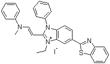 结构式 CAS# 681281-88-9, 6-(2-苯并噻唑基)-1-乙基-2-[2-(甲基苯基氨基)乙烯基]-3-苯基-1H-苯并咪唑鎓碘化物