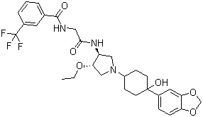 structure of CAS# 709018-37-1, INCB 3344;N-[2-[[(3S,4S)-1-[4-(1,3-Benzodioxol-5-yl)-4-hydroxycyclohexyl]-4-ethoxy-3-pyrrolidinyl]amino]-2-oxoethyl]-3-(trifluoromethyl)benzamide