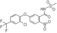 结构式 CAS# 72178-02-0, 氟磺胺草醚; 5-[2-氯-4-(三氟甲基)苯氧基]-N-(甲基磺酰基)-2-硝基苯甲酰胺