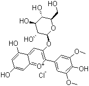 structure of CAS# 7228-78-6, Malvinidin 3-glucoside chloride;NSC 70532; 3-(beta-D-Glucopyranosyloxy)-5,7-dihydroxy-2-(4-hydroxy-3,5-dimethoxyphenyl)-1-benzopyrylium chloride