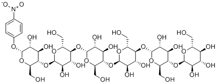 structure of CAS# 74173-30-1, 4-Nitrophenyl-alpha-D-maltohexaoside;(2R,3R,4S,5S,6R)-2-[(2R,3S,4R,5R,6R)-6-[(2R,3S,4R,5R,6R)-6-[(2R,3S,4R,5R,6R)-6-[(2R,3S,4R,5R,6R)-6-[(2R,3S,4R,5R,6R)-4,5-dihydroxy-2-(hydroxymethyl)-6-(4-nitrophenoxy)oxan-3-yl]oxy-4,5-dihydroxy-2-(hydroxymethyl)oxan-3-yl]oxy-4,5-dihydroxy-2-(hydroxymethyl)oxan-3-yl]oxy-4,5-dihydroxy-2-(hydroxymethyl)oxan-3-yl]oxy-4,5-dihydroxy-2-(hydroxymethyl)oxan-3-yl]oxy-6-(hydroxymethyl)oxane-3,4,5-triol