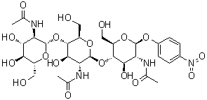 structure of CAS# 7699-38-9, p-Nitrophenyl tri-N-acetylchitotrioside;4-Nitrophenyl O-2-(acetylamino)-2-deoxy-beta-D-glucopyranosyl-(1→4)-O-2-(acetylamino)-2-deoxy-beta-D-glucopyranosyl-(1→4)-2-(acetylamino)-2-deoxy-beta-D-glucopyranoside