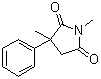 structure of CAS# 77-41-8, Methsuximid;(±)-Mesuximide; 1,3-Dimethyl-3-phenylpyrrolidine-2,5-dione; 1,3-Dimethyl-3-phenylsuccinimide; Celontin; Mesuximide; Mesuximidum; Methsuximid; Methsuximide; N,2-Dimethyl-2-phenylsuccinimide; PM 396; Petinutin; Racemic methsuximide
