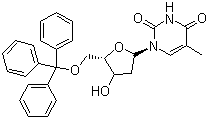 结构式 CAS# 7791-71-1, 5'-O-三苯甲基胸苷; 1-((2R,4S,5R)-4-羟基-5-三苯甲氧基甲基-四氢呋喃-2-基)-5-甲基-1H-嘧啶-2,4-二酮