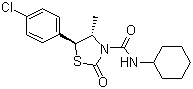 结构式 CAS# 78587-05-0, 噻螨酮; 5-(4-氯苯基)-3-(N-环己基氨基甲酰)-4-甲基噻唑烷-2-酮