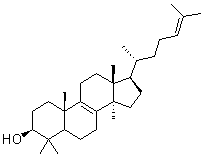 structure of CAS# 79-63-0, (3beta)-Lanosta-8,24-dien-3-ol;3beta-Hydroxylanosta-8,24-diene; 4,4,14alpha-Trimethylcholesta-8,24-dien-3beta-ol; 5alpha-Lanosta-8,24-dien-3beta-ol; Lanosta-8,24-dienol; Lanosterin; Lanster; NSC 60677