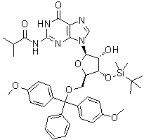 structure of CAS# 81256-89-5, 5'-O-[Bis(4-methoxyphenyl)phenylmethyl]-3'-O-[(1,1-dimethylethyl)dimethylsilyl]-N-(2-methyl-1-oxopropyl)guanosine