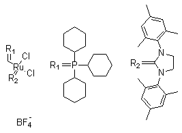 结构式 CAS# 832146-68-6, [1,3-双(2,4,6-三甲基苯基)-2-咪唑烷亚基][(三环己基膦亚基)甲基]二氯化钌四氟硼酸盐
