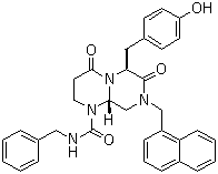 structure of CAS# 847591-62-2, (6S,9aS)-Hexahydro-6-[(4-hydroxyphenyl)methyl]-8-(1-naphthalenylmethyl)-4,7-dioxo-N-(phenylmethyl)-2H-pyrazino[1,2-a]pyrimidine-1(6H)-carboxamide