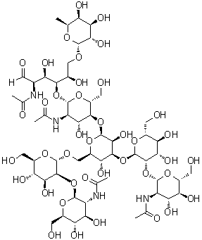 structure of CAS# 84825-26-3, A2G0F Glycan;O-2-(Acetylamino)-2-deoxy-beta-D-glucopyranosyl-(1→2)-O-alpha-D-mannopyranosyl-(1→3)-O-[O-2-(acetylamino)-2-deoxy-beta-D-glucopyranosyl-(1→2)-alpha-D-mannopyranosyl-(1→6)]-O-beta-D-mannopyranosyl-(1→4)-O-2-(acetylamino)-2-deoxy-beta-D-glucopyranosyl-(1→4)-O-[6-deoxy-alpha-L-galactopyranosyl-(1→6)]-2-(acetylamino)-2-deoxy-D-glucose