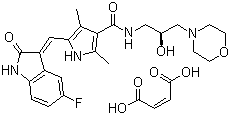 结构式 CAS# 849643-15-8, SU14813 马来酸盐; 5-[(Z)-(5-氟-1,2-二氢-2-氧代-3H-吲哚-3-亚基)甲基]-N-[(2S)-2-羟基-3-(4-吗啉基)丙基]-2,4-二甲基-1H-吡咯-3-甲酰胺马来酸盐